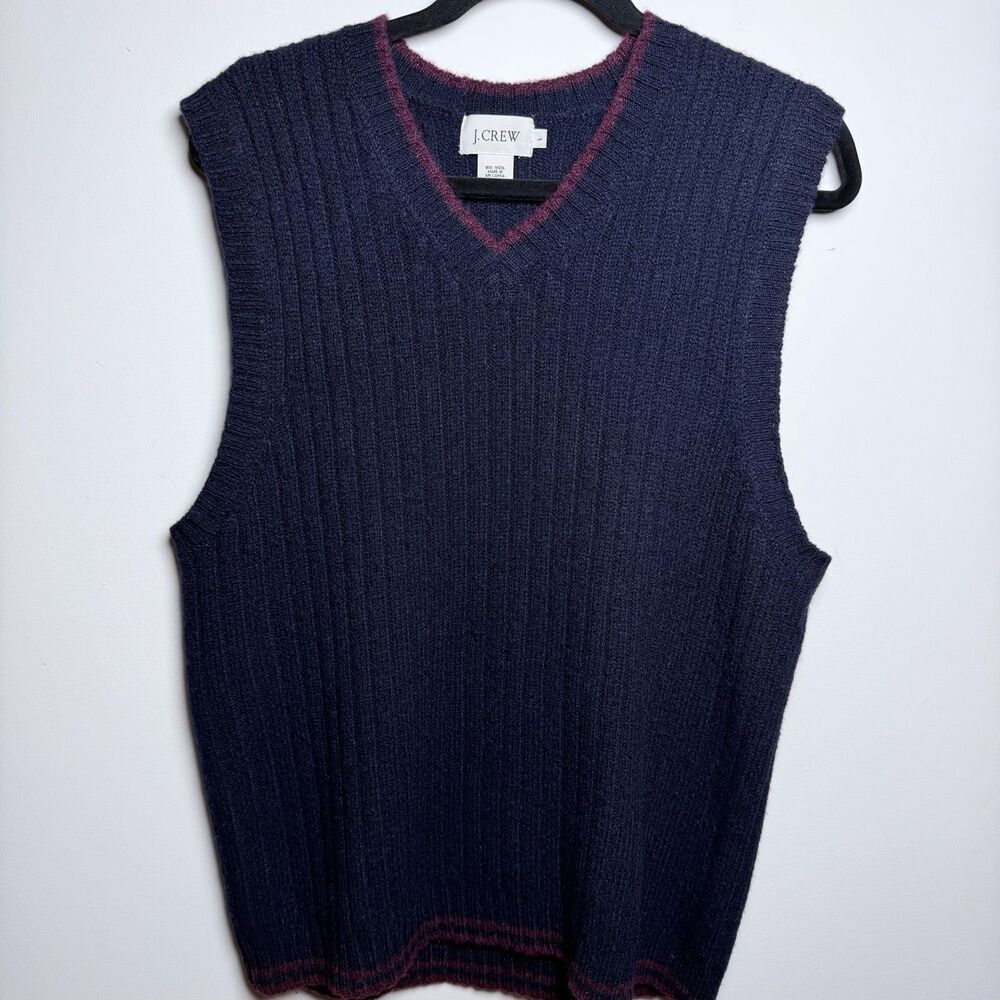 J.Crew 100 Wool Ribbed V-Neck Sweater Vest L Large Navy Burgundy Stripe Trim Y2K